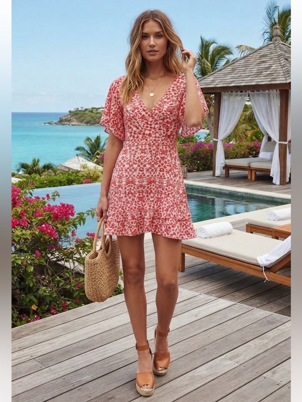 Kookai red white floral printed v neck Dress